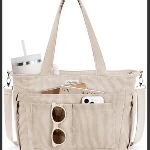Bagstellar Corduroy Tote Bag, Off-White, 17 Pockets Laptop Work Tote Purse i1021